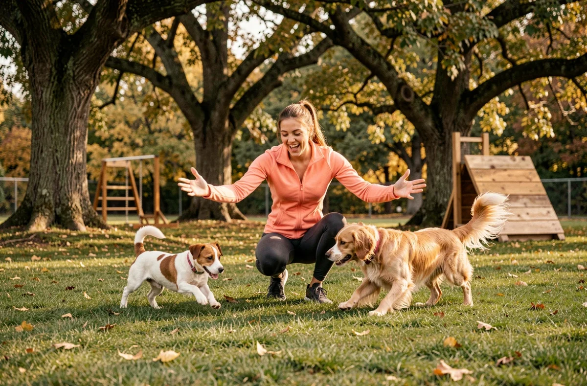 Éducatrice de l'association À 6 Pattes accueillant deux chiens lors d'un exercice dynamique en plein air