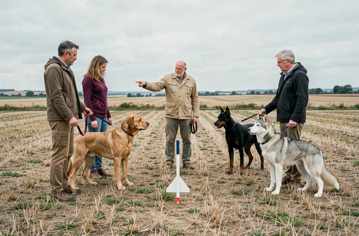 Session de dressage collectif à l'Académie Canine Champenoise avec plusieurs maîtres et leurs chiens en plein air