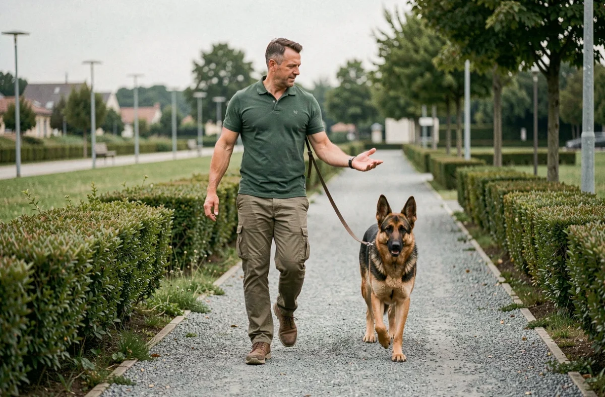 Éducateur d'Accord Canin promenant un berger allemand en laisse détendue dans un parc du Grand Est