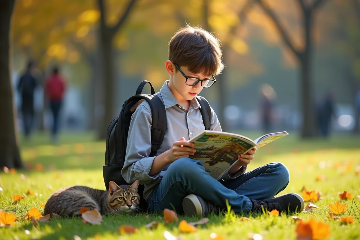 Adolescent lisant un magazine animal dans un parc urbain