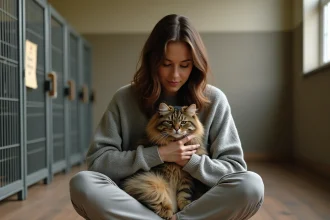 Femme tenant un grand chat Maine Coon poilu dans un refuge animalier, illustrant l'adoption d'un chat à poils longs