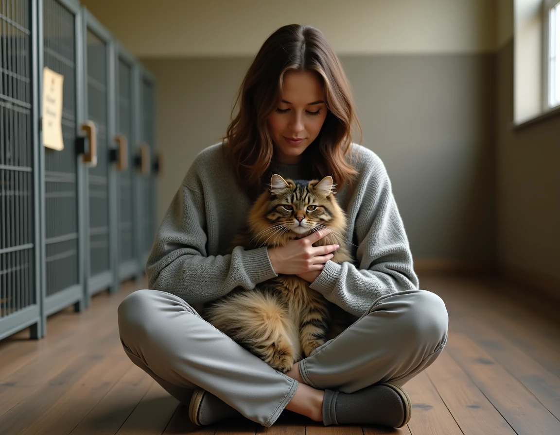 Femme tenant un grand chat Maine Coon poilu dans un refuge animalier, illustrant l'adoption d'un chat à poils longs