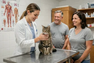 Vétérinaire présentant un chat à adopter à un couple dans une clinique vétérinaire