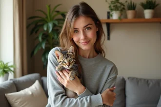 Jeune femme tenant un chaton tigré de 3 mois dans ses bras dans un appartement parisien, illustration adoption chaton Île-de-France