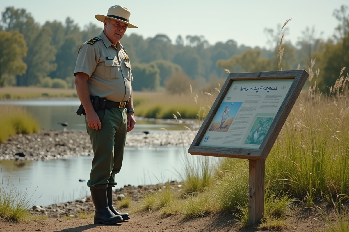 Agent de conservation posant une panneau près d’un étang