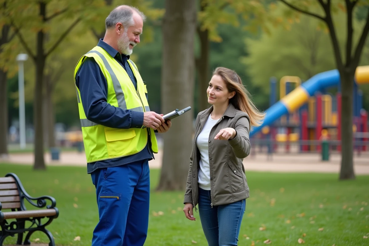 Agent municipal discutant avec une mère dans un parc public