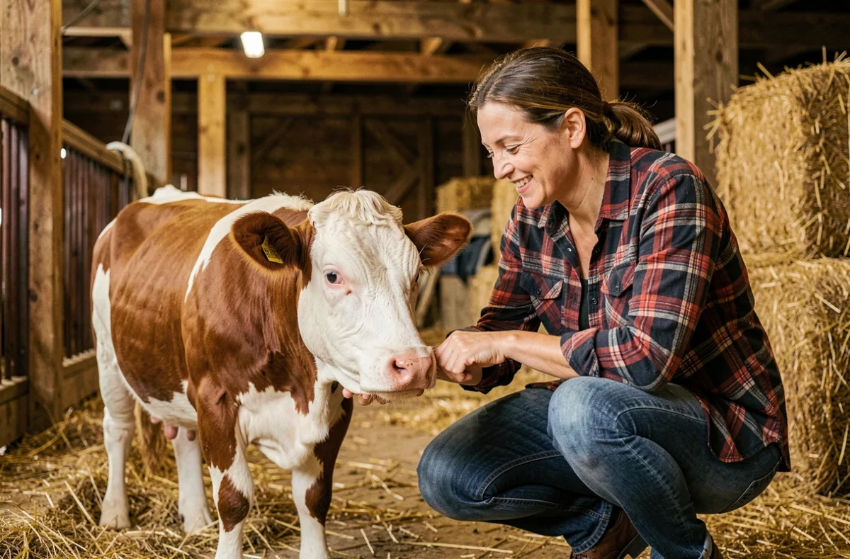 Femme agricultrice examinant une vache miniature Hereford dans une grange avec de la paille au sol