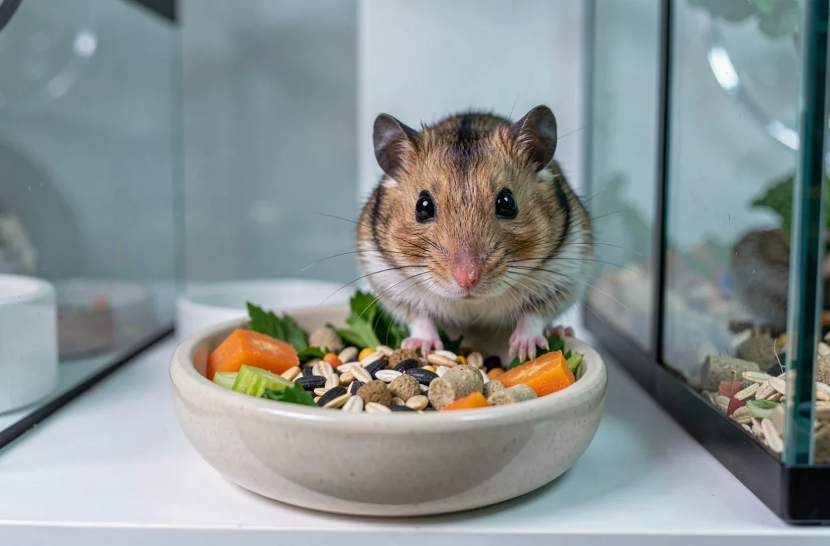 Hamster russe nain perché sur un bol de nourriture rempli de graines et légumes frais dans un terrarium propre et organisé