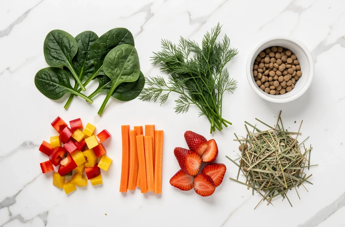 Assortiment de légumes et aliments pour lapin vus de dessus sur fond blanc : épinards, poivrons, carottes, aneth, fraises et foin de timothy