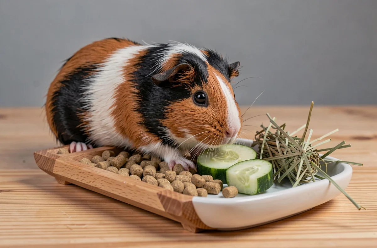 Cochon d'Inde juvénile découvrant une gamelle de sevrage avec granulés, légumes frais et foin de timothy