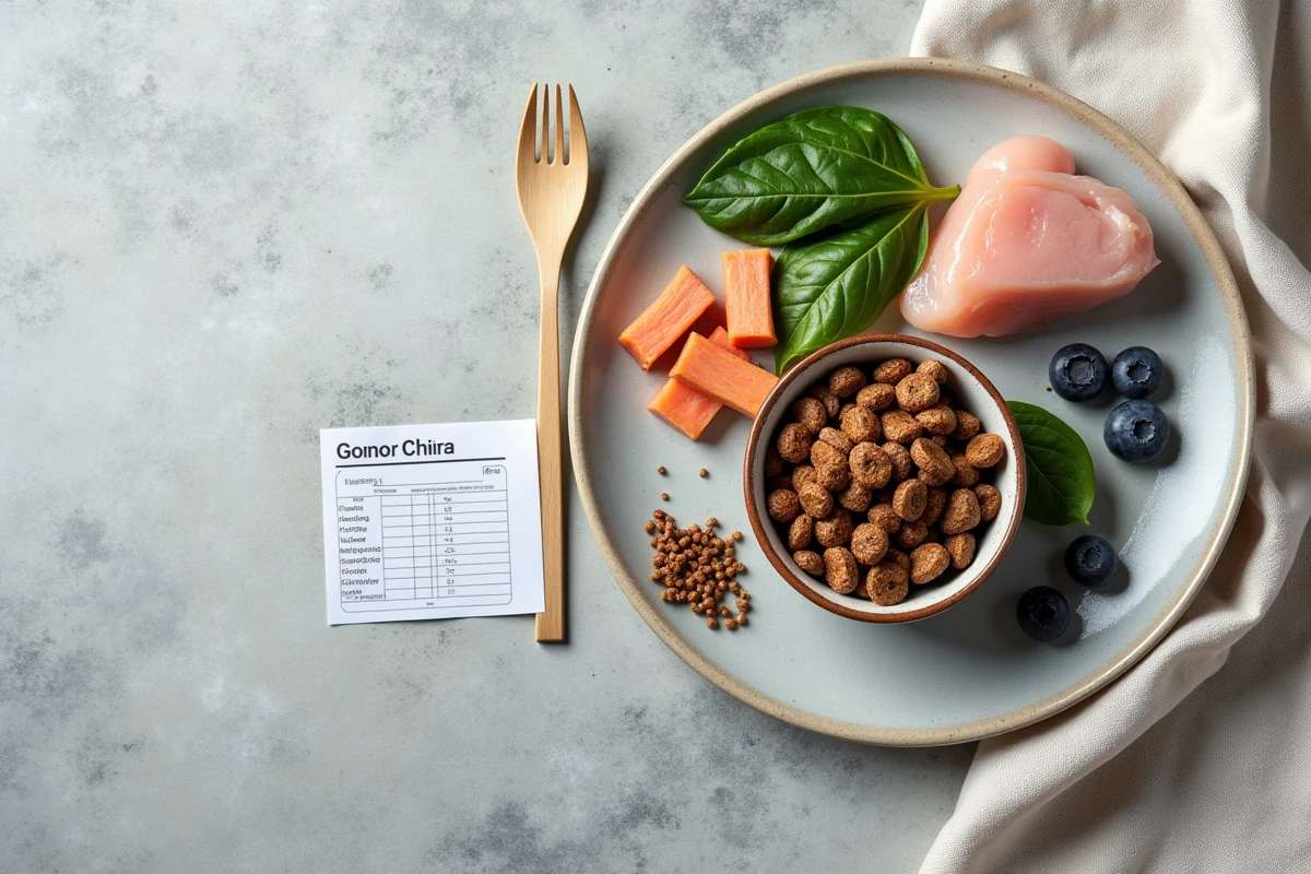 Flat-lay de croquettes pour Spitz entourées d'ingrédients naturels et d'un guide de ration alimentaire