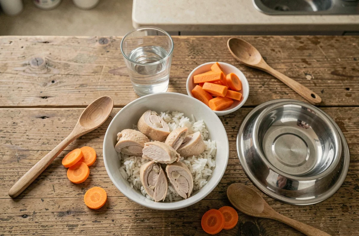 Flat-lay d'aliments recommandés pour un chien ayant la diarrhée : riz blanc, poulet bouilli et carottes cuites dans des bols en céramique
