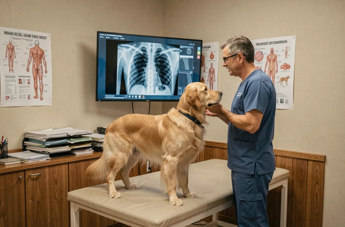 Vétérinaire analysant la radiographie numérique d'un golden retriever affichée sur un écran dans une salle de consultation vétérinaire