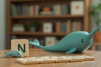 Figurine de narval posée sur une table en bois avec des lettres de Scrabble formant la lettre N, ambiance jeu de société à la maison