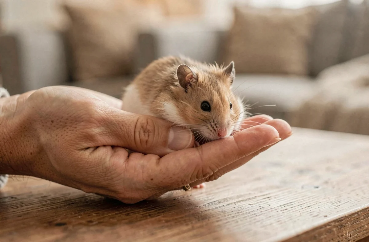 Main humaine tenant délicatement un hamster russe nain au pelage beige et blanc lors d'une séance d'apprivoisement à domicile