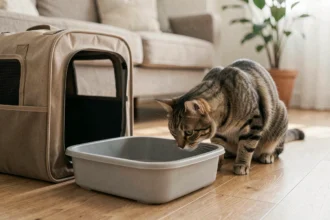 Bac à litière de voyage pliable ouvert sur un parquet avec un chat roux qui le renifle, posé à côté d'un sac de transport pour chat