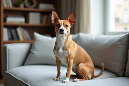 Basenji poil court de petite taille assis calmement sur un canapé dans un appartement moderne, race de chien qui aboie peu