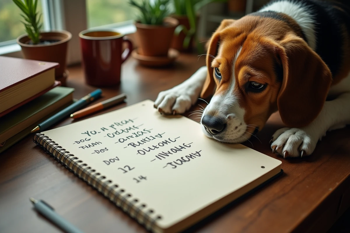 Beagle allongé sur un bureau en bois à côté d'un carnet ouvert avec des prénoms de chien écrits à la main