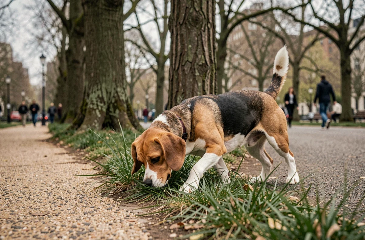 Beagle qui mange de l'herbe sur un chemin de parc urbain
