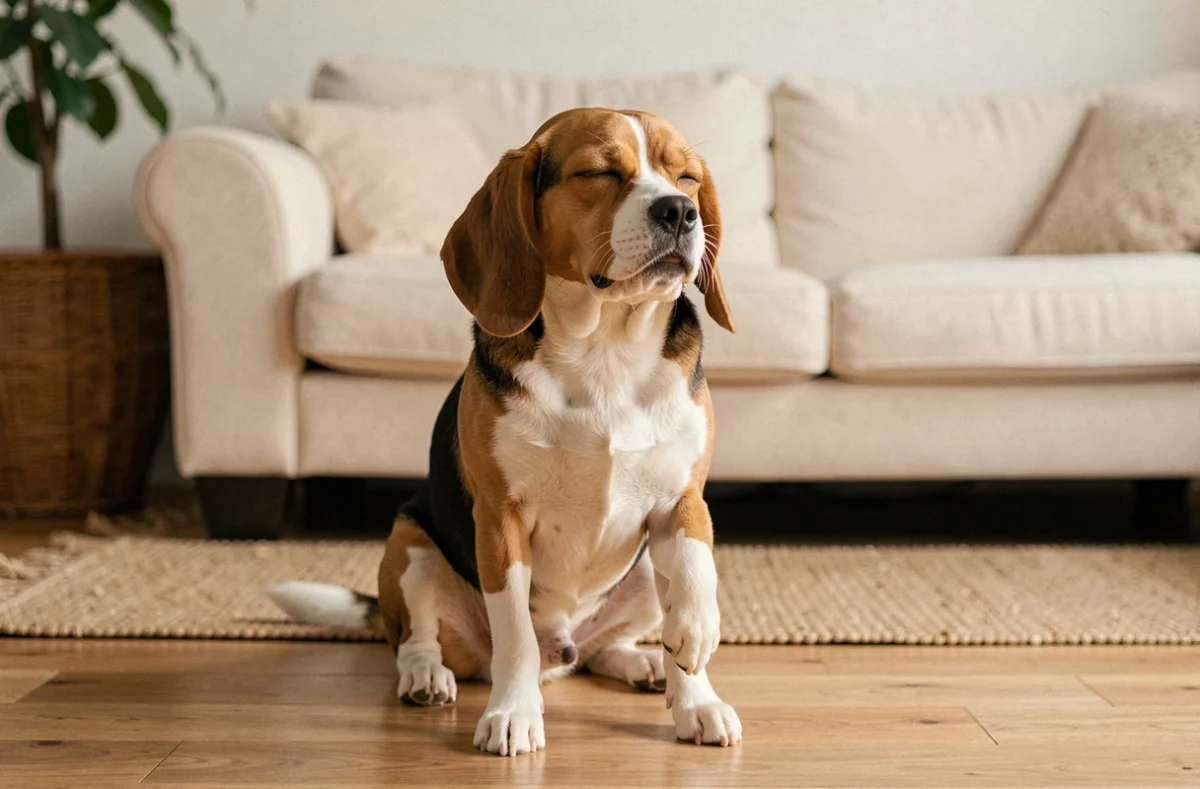 Petit beagle en position de toux sur le sol en bois d'un salon domestique chaleureux
