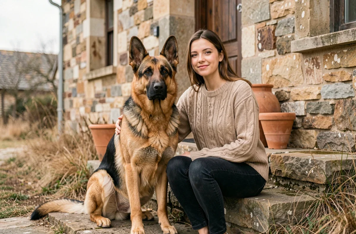 Femme et berger allemand de race pure assis ensemble sur les marches d'une ferme en pierre à la campagne