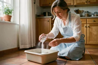 Femme versant du bicarbonate de soude dans une litière pour chat sur un carrelage en terre cuite dans une cuisine familiale