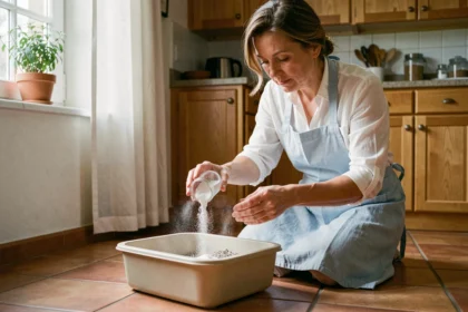 Femme versant du bicarbonate de soude dans une litière pour chat sur un carrelage en terre cuite dans une cuisine familiale