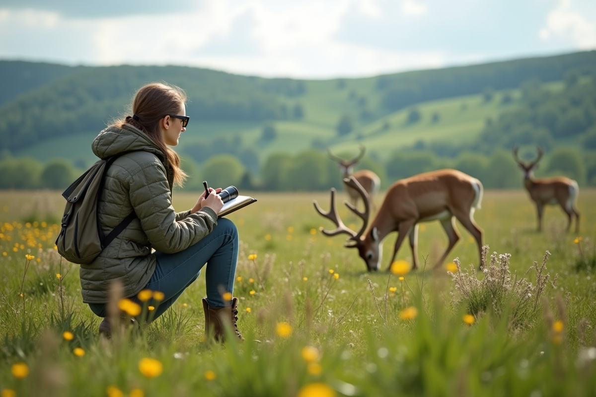 Biologiste observant des cerfs dans un pré au printemps