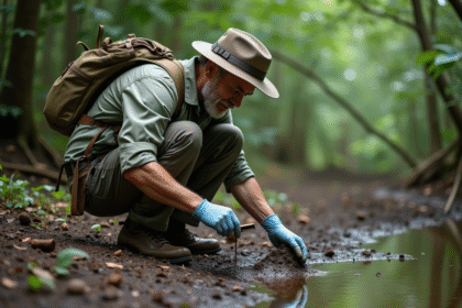 Biologiste au milieu naturel examine des déjections animales