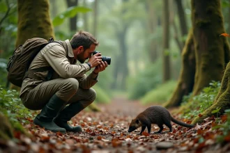 Biologiste en forêt photographiant un tamanoir dans la nature