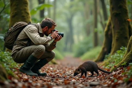 Biologiste en forêt photographiant un tamanoir dans la nature