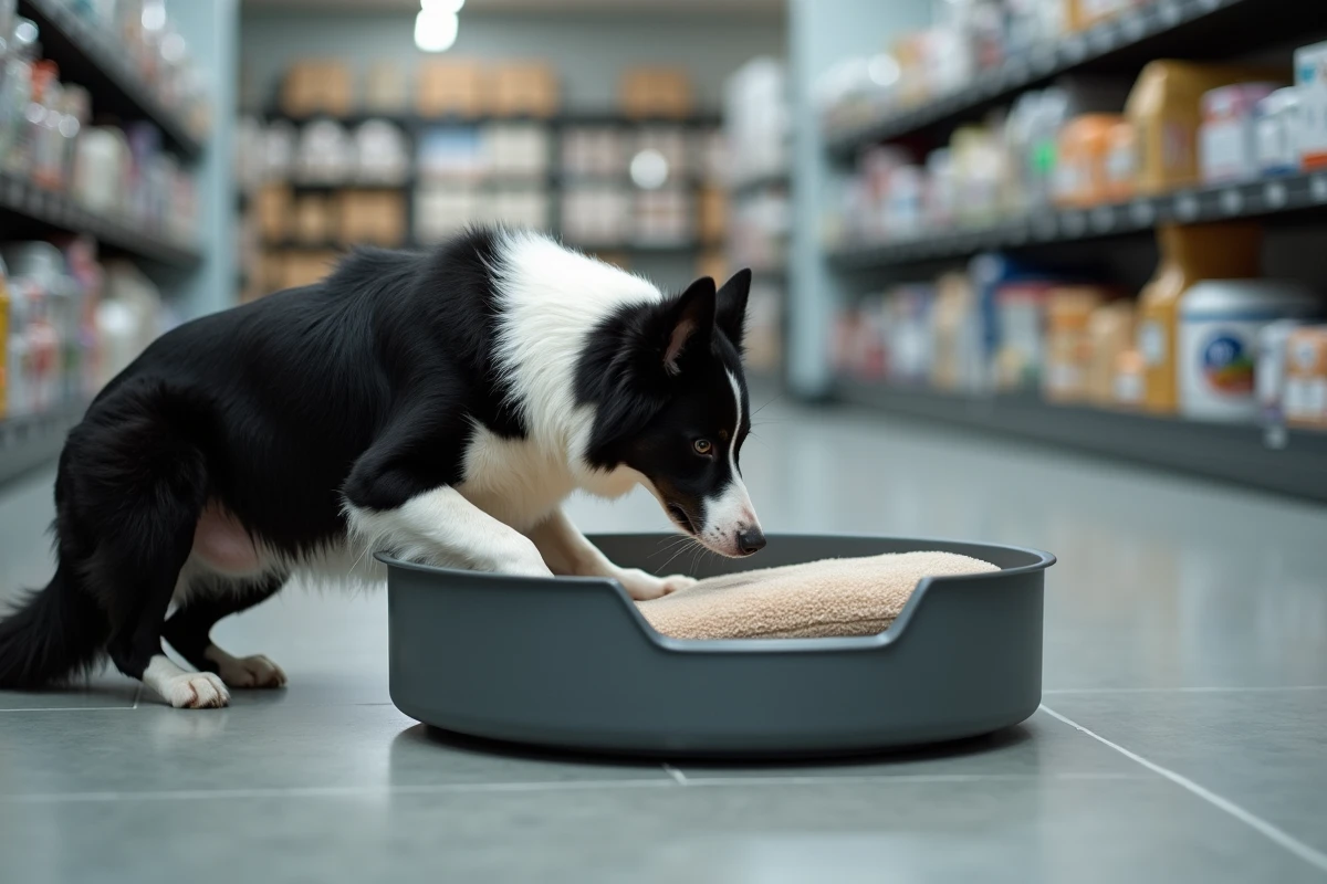 Border collie inspectant un panier en plastique robuste à rebords anti-mâchoire dans une animalerie moderne