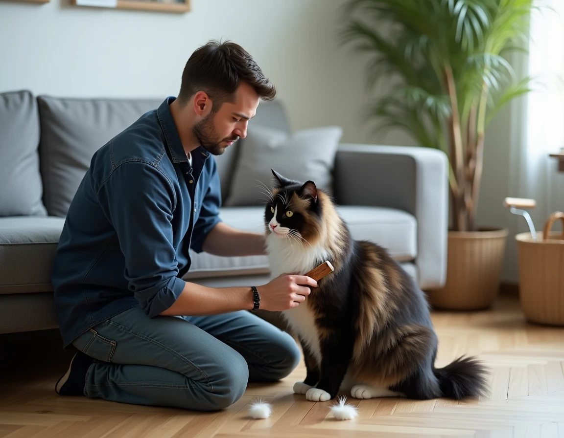 Homme qui brosse un grand chat à poils longs de type norvégien dans son salon après adoption en refuge