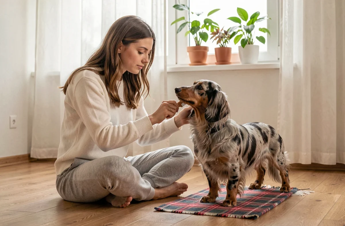 Femme qui brosse son teckel arlequin poil long dans son appartement