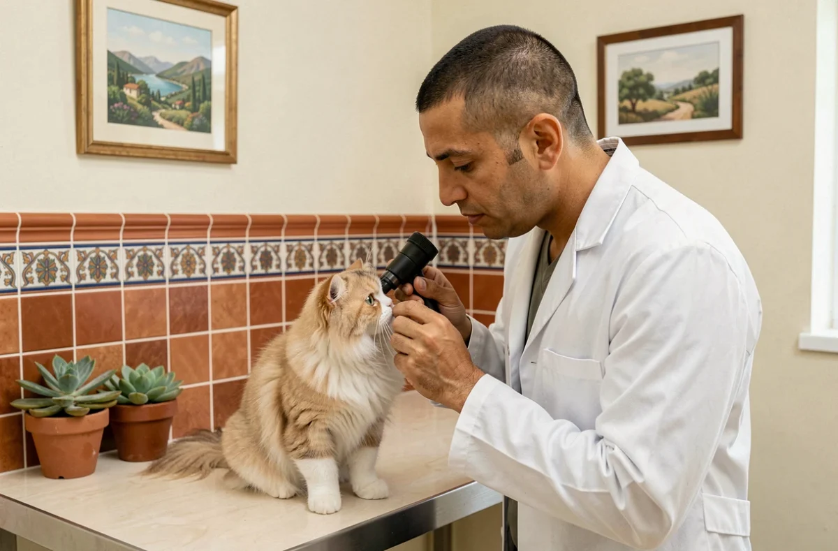 Le Dr Colonna examinant l'œil d'un chat persan avec un ophtalmoscope dans son cabinet vétérinaire