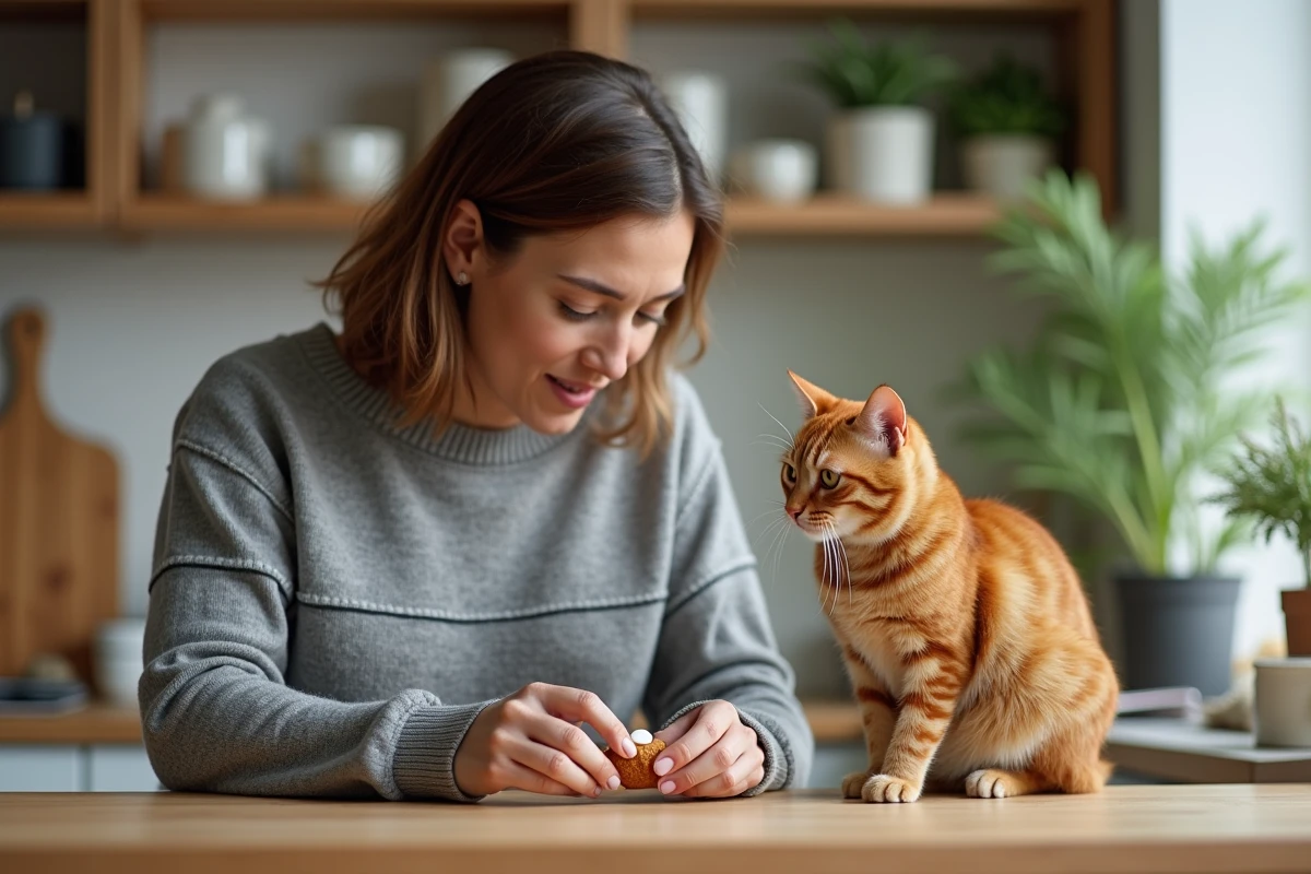Propriétaire dissimulant un comprimé dans une friandise pour faciliter l'administration du médicament à son chat