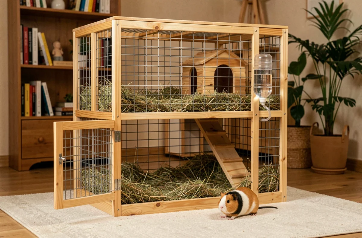 Cage à cochon d'Inde fait maison à deux niveaux en bois verni installée dans un salon, avec foin, cachette et cobaye à l'intérieur