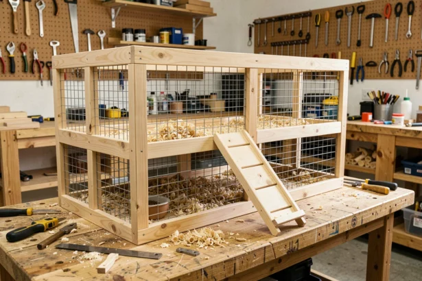 Cage pour cochon d'Inde faite maison en bois de pin avec façade en grillage métallique, posée sur un établi de garage lors d'un projet DIY