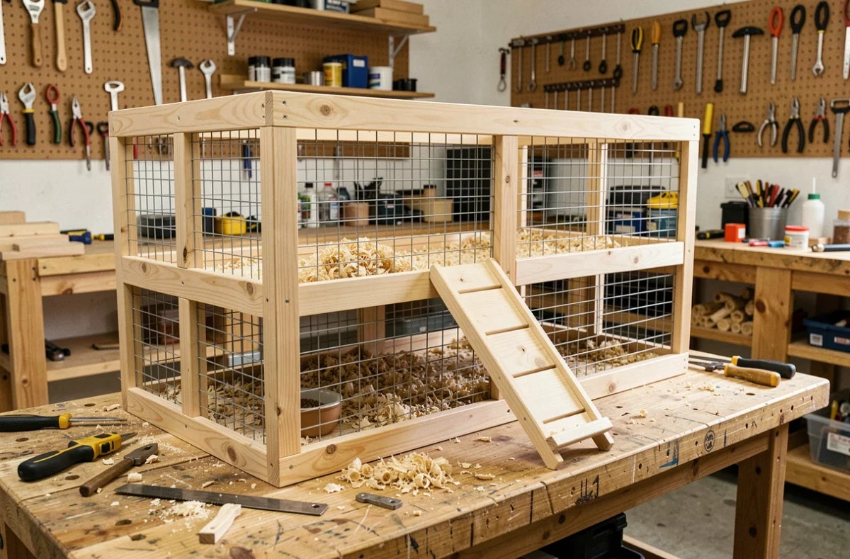 Cage pour cochon d'Inde faite maison en bois de pin avec façade en grillage métallique, posée sur un établi de garage lors d'un projet DIY