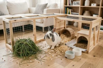 Grande cage aménagée pour lapin avec litière en foin, cachette en bois et accessoires essentiels dans un salon moderne