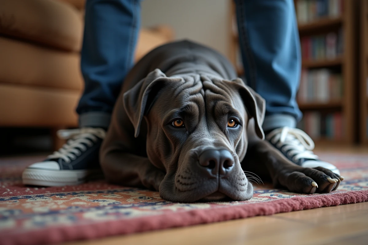 Cane Corso bleu adulte reposant à la maison près de son propriétaire