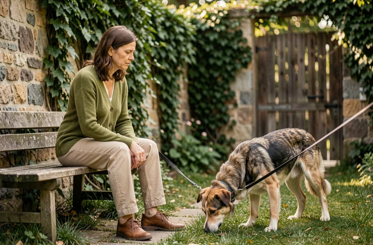 Comportementaliste de Canid'Éa observant un chien de refuge se déplacer librement dans un jardin alsacien