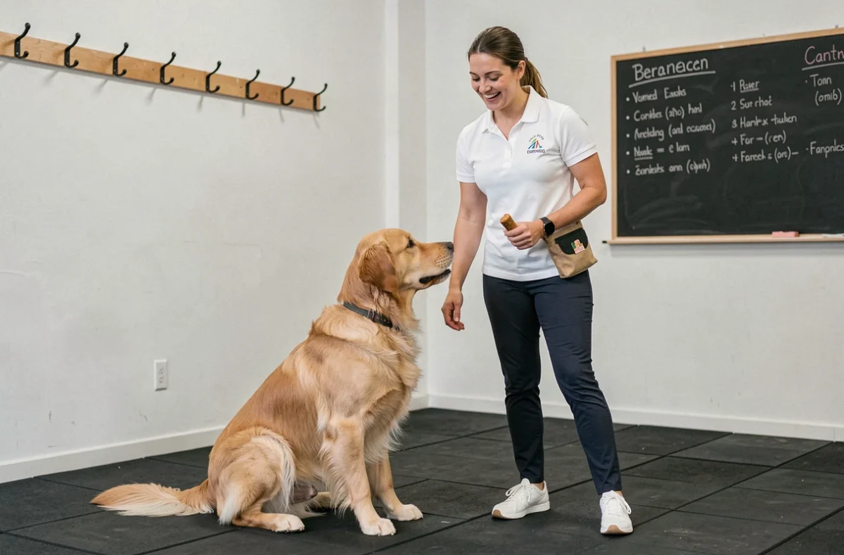 Éducatrice de Canidélice récompensant un golden retriever lors d'un exercice d'obéissance en salle d'entraînement