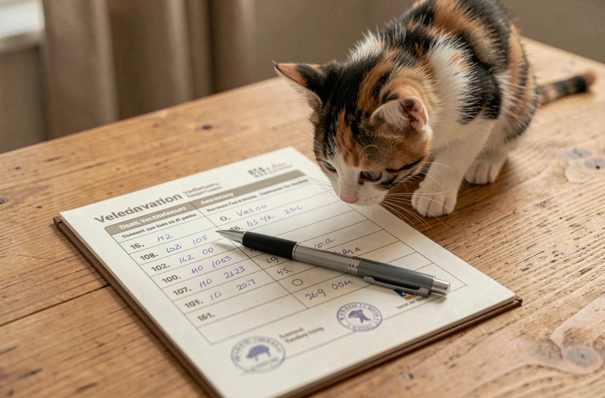 Carnet de santé vétérinaire ouvert sur un calendrier de vaccination pour chaton avec un stylo et un chaton curieux en arrière-plan