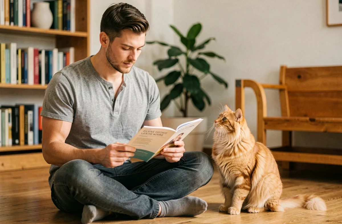 Propriétaire consultant le carnet de santé de son chat roux pour suivre le calendrier de vaccination