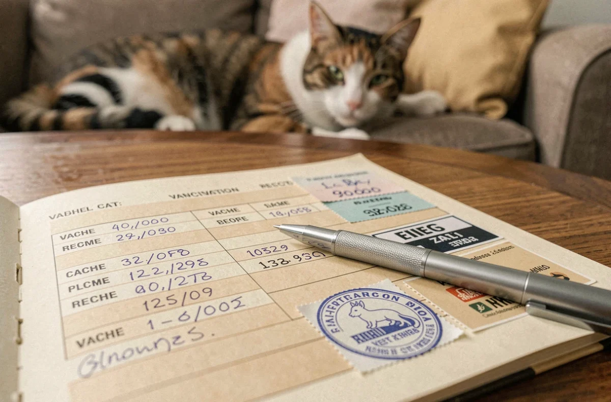 Carnet de vaccination d'un chat ouvert sur un bureau avec les dates de rappels et les étiquettes de vaccins