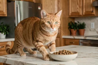 Chat roux sur le comptoir de cuisine regardant fixement son bol de croquettes avec un appétit intense