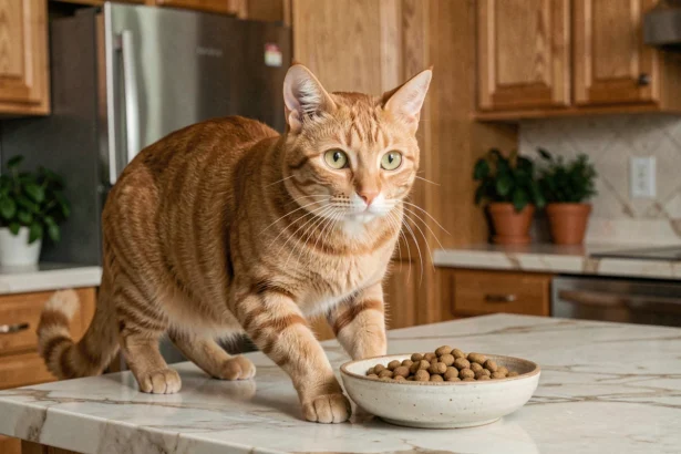 Chat roux sur le comptoir de cuisine regardant fixement son bol de croquettes avec un appétit intense