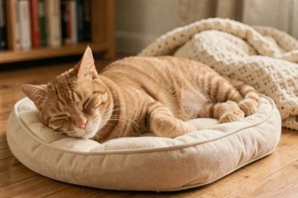 Chat tigré âgé allongé sur un coussin orthopédique, souffrant d'arthrose, dans un salon chaleureux