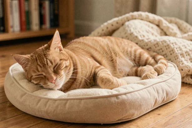 Chat tigré âgé allongé sur un coussin orthopédique, souffrant d'arthrose, dans un salon chaleureux